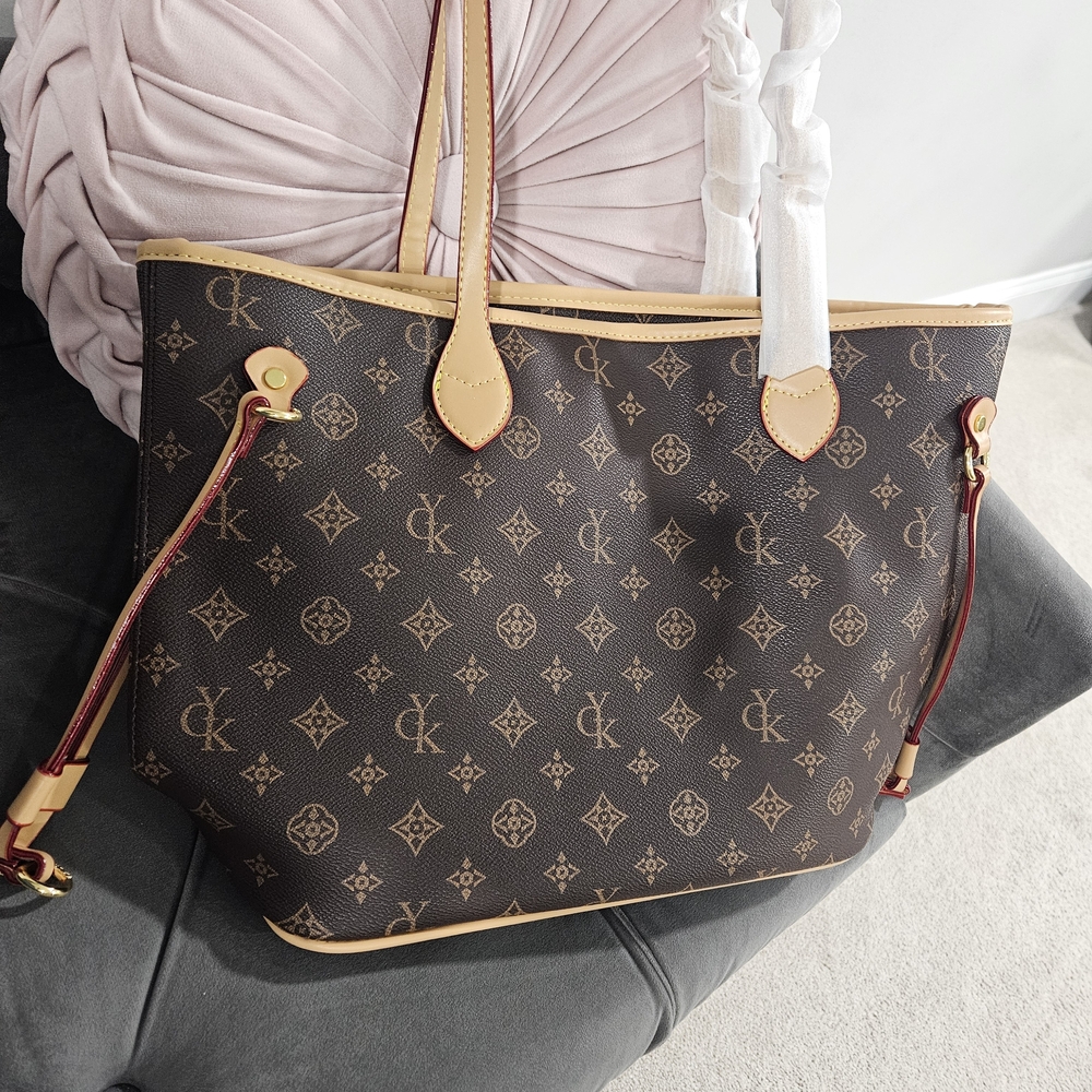 Dark Brown Monogram Tote with Tan Trim and Red-Brown Accents